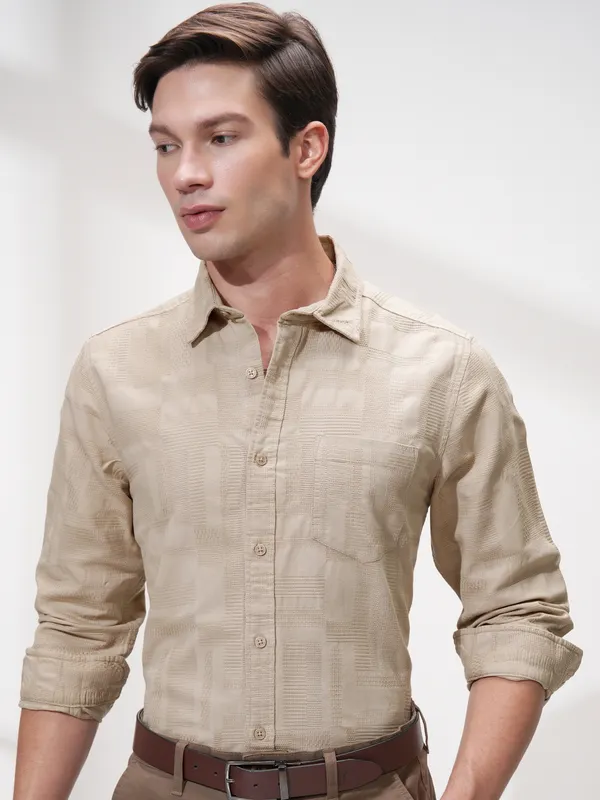 Highlander Men Beige Self Design Slim Fit Casual Shirt