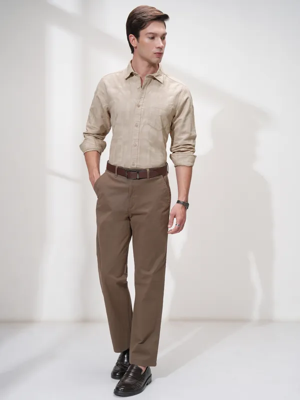 Highlander Men Beige Self Design Slim Fit Casual Shirt