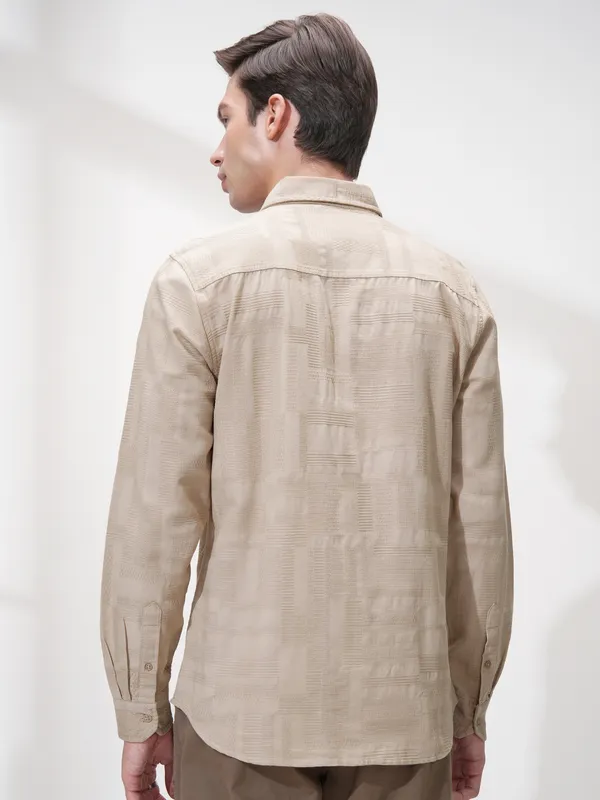 Highlander Men Beige Self Design Slim Fit Casual Shirt