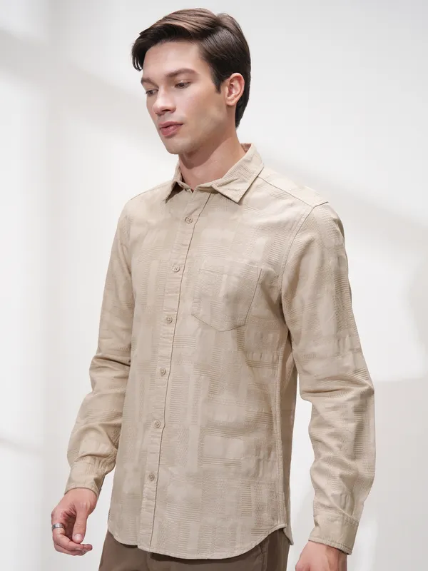 Highlander Men Beige Self Design Slim Fit Casual Shirt