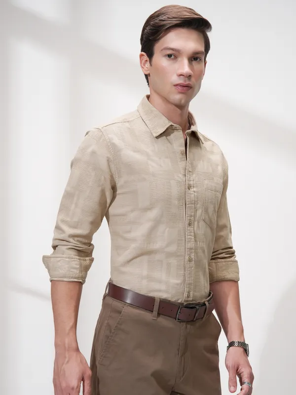 Highlander Men Beige Self Design Slim Fit Casual Shirt