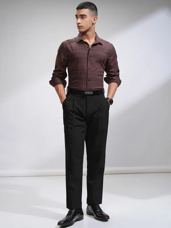 Highlander Men Coffee Brown Striped Slim Fit Casual Shirt