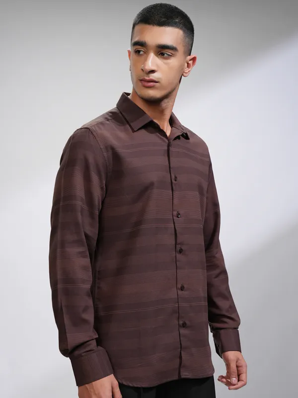 Highlander Men Coffee Brown Striped Slim Fit Casual Shirt