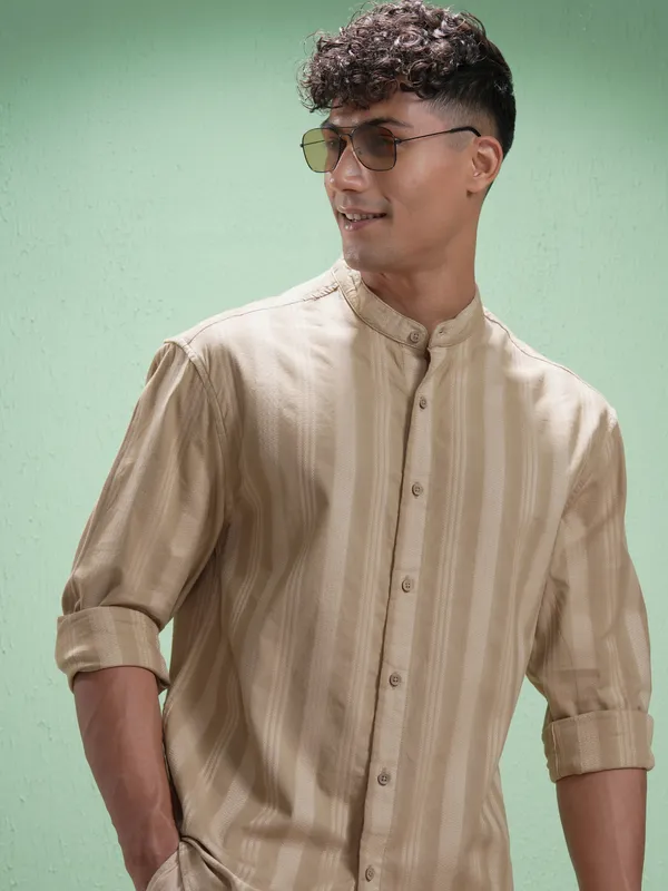 Highlander Men Beige Striped Relaxed Fit Casual Shirt