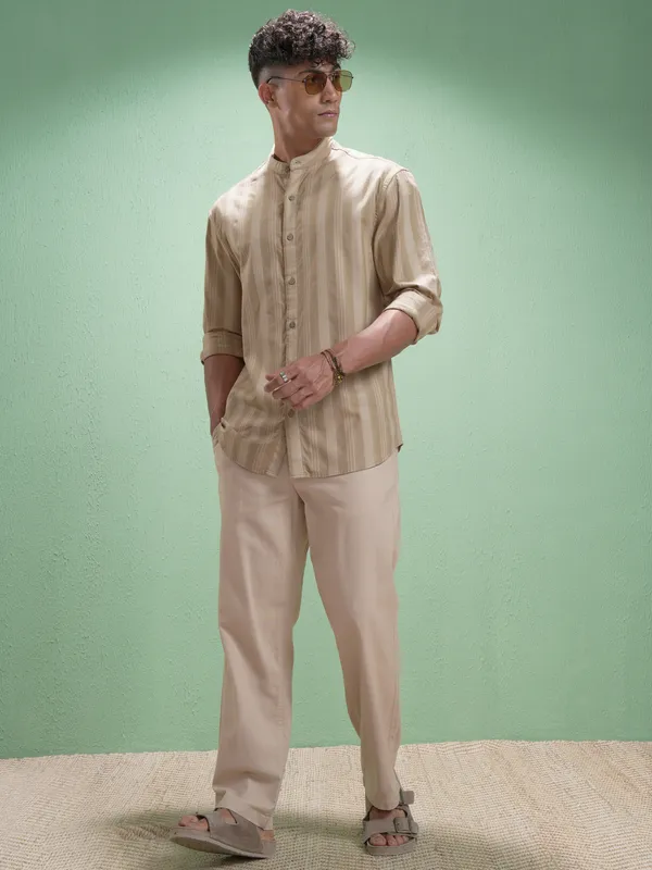 Highlander Men Beige Striped Relaxed Fit Casual Shirt