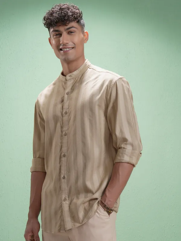 Highlander Men Beige Striped Relaxed Fit Casual Shirt