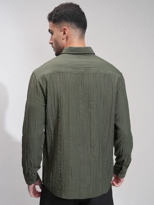 Highlander Men Olive Textured Relaxed Fit Casual Shirt