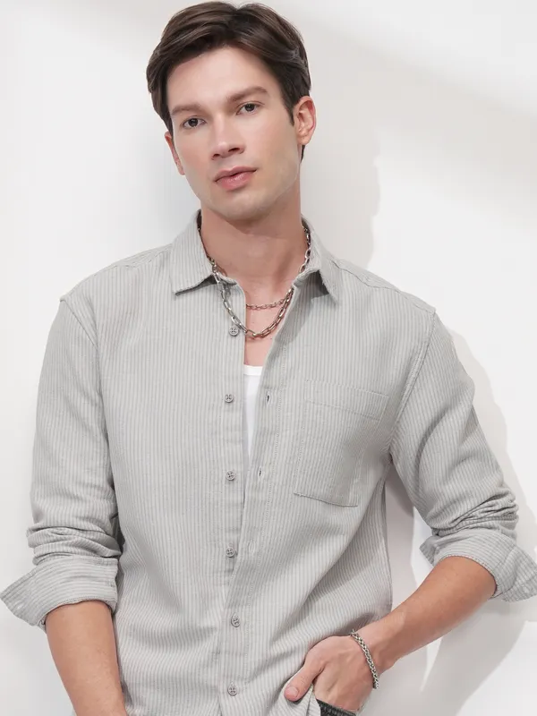 Highlander Men Grey Striped Slim Fit Casual Shirt