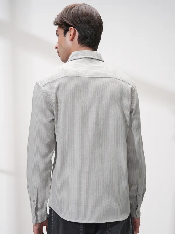 Highlander Men Grey Striped Slim Fit Casual Shirt