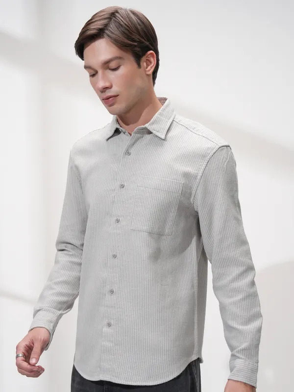 Highlander Men Grey Striped Slim Fit Casual Shirt