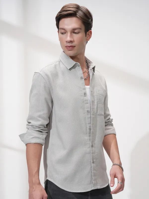 Highlander Men Grey Striped Slim Fit Casual Shirt