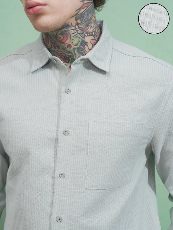 Highlander Men Green Striped Slim Fit Casual Shirt