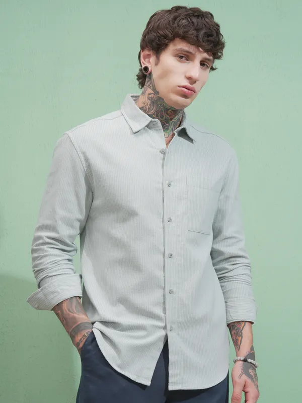 Highlander Men Green Striped Slim Fit Casual Shirt