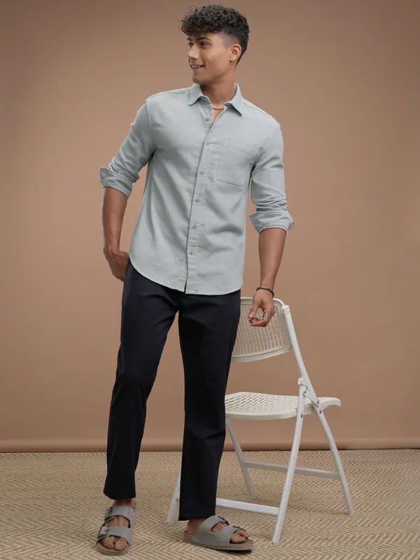 Highlander Men Blue Striped Slim Fit Casual Shirt