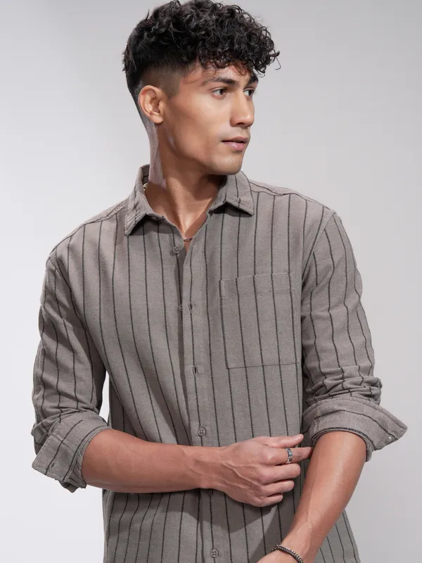 Highlander Men Khaki Striped Slim Fit Casual Shirt