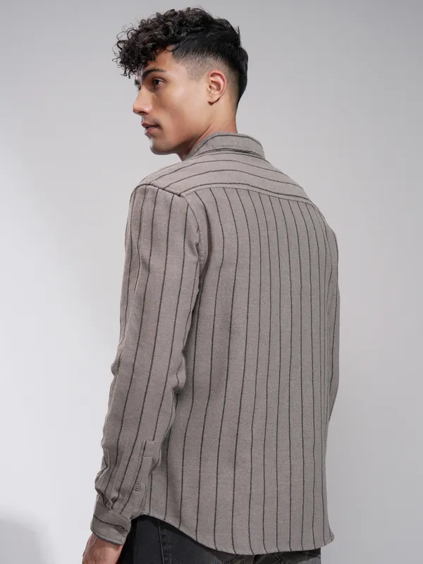 Highlander Men Khaki Striped Slim Fit Casual Shirt