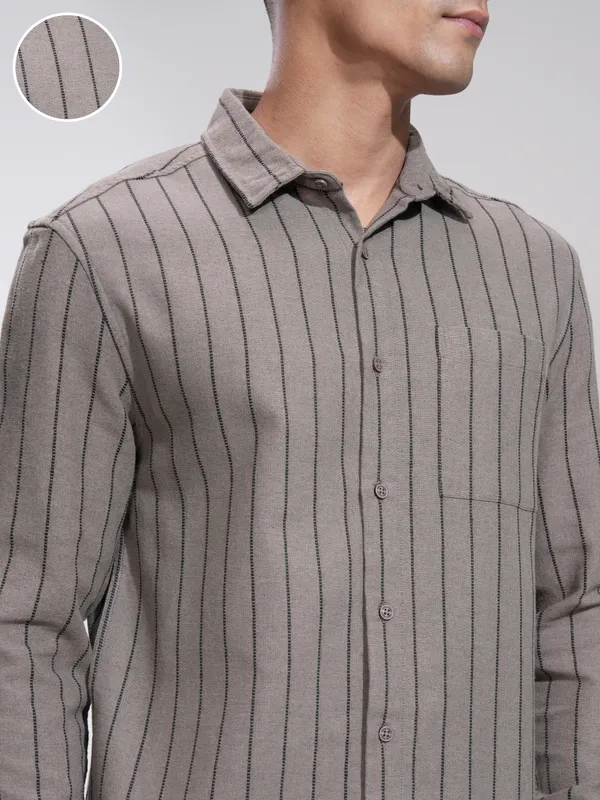 Highlander Men Khaki Striped Slim Fit Casual Shirt