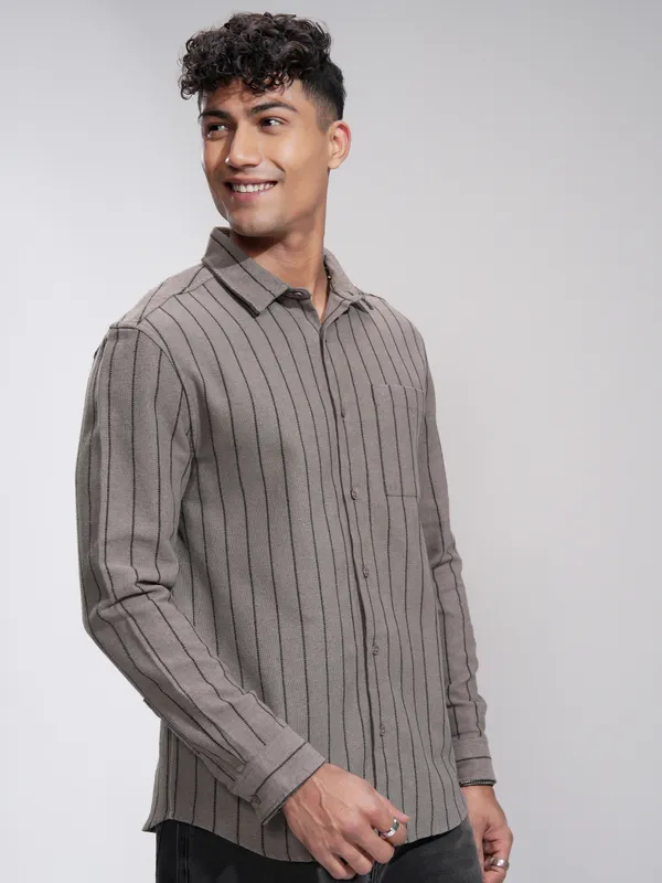 Highlander Men Khaki Striped Slim Fit Casual Shirt