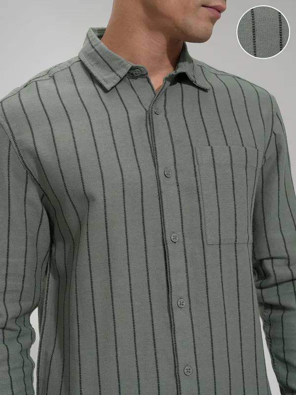 Highlander Men Green Striped Slim Fit Casual Shirt