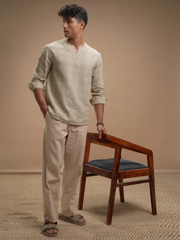 Highlander Men Beige Self Design Relaxed Fit Casual Shirt