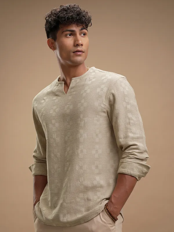 Highlander Men Beige Self Design Relaxed Fit Casual Shirt