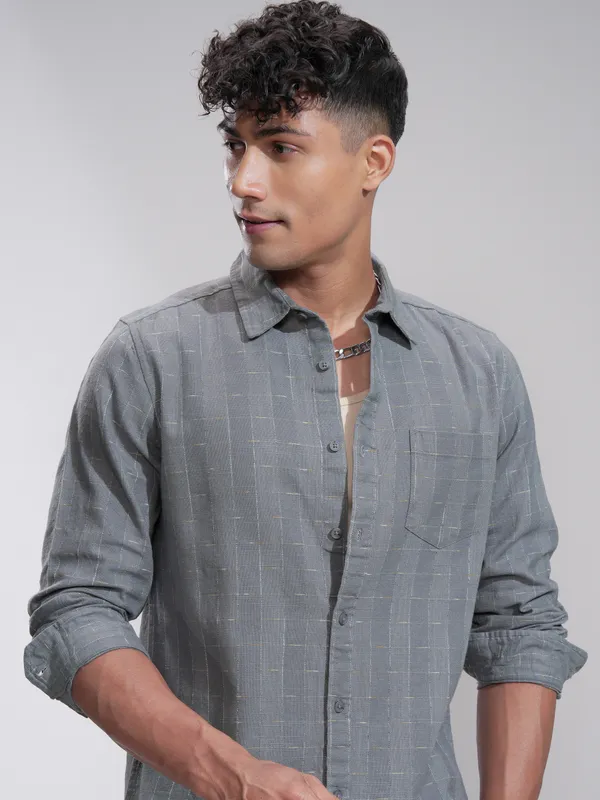 Highlander Men Grey Self Design Slim Fit Casual Shirt
