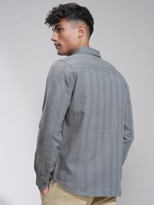 Highlander Men Grey Self Design Slim Fit Casual Shirt