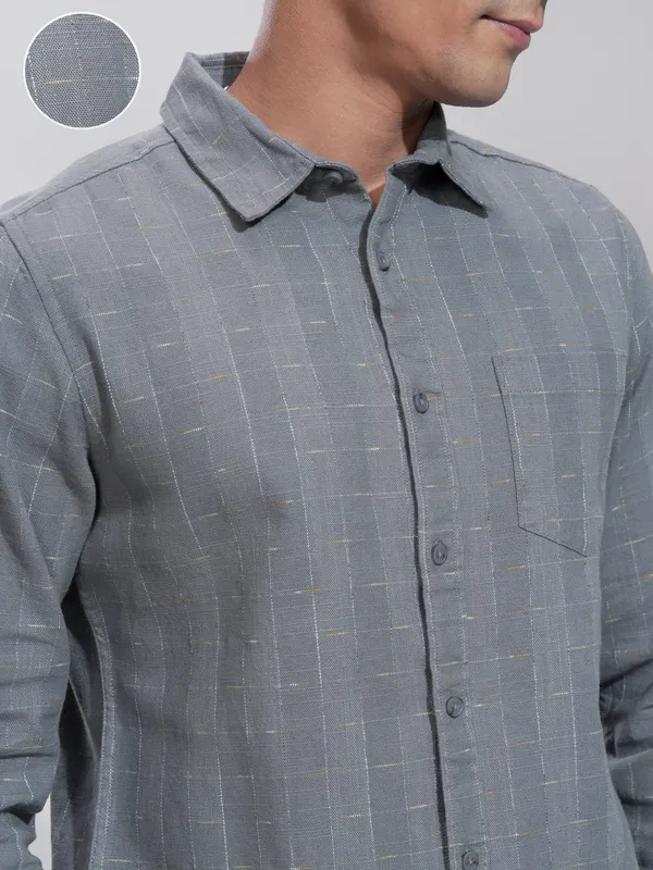 Highlander Men Grey Self Design Slim Fit Casual Shirt