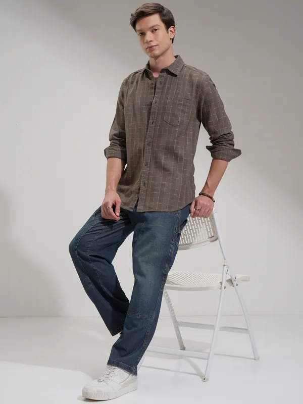 Highlander Men Tan Self Design Slim Fit Casual Shirt