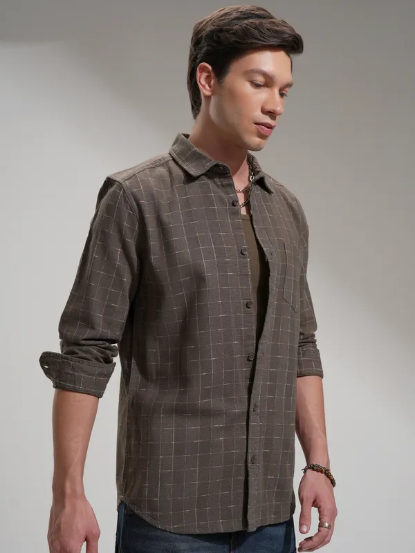 Highlander Men Tan Self Design Slim Fit Casual Shirt