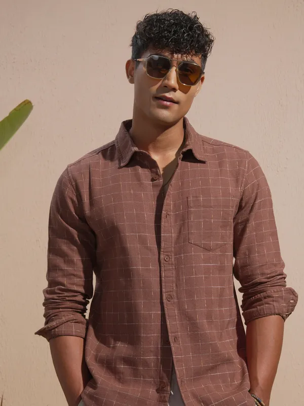 Highlander Men Rust Checked Slim Fit Casual Shirt