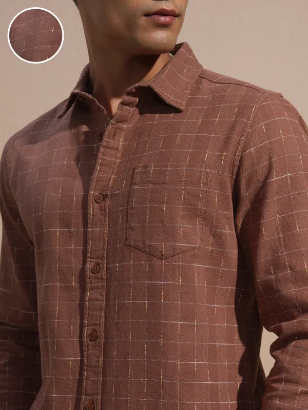 Highlander Men Rust Checked Slim Fit Casual Shirt