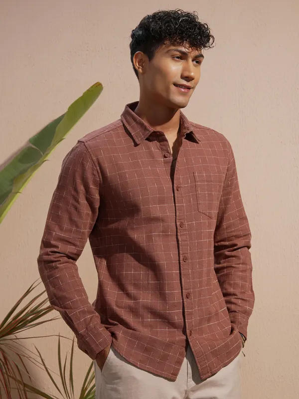 Highlander Men Rust Checked Slim Fit Casual Shirt