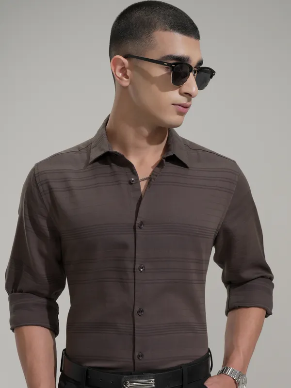 Highlander Men Brown Striped Slim Fit Casual Shirt