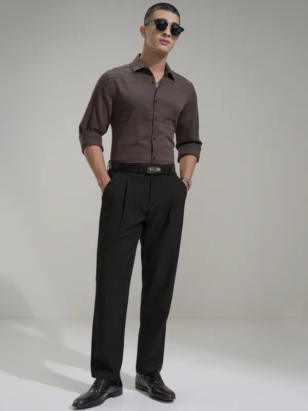 Highlander Men Brown Striped Slim Fit Casual Shirt