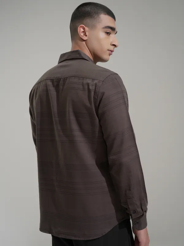 Highlander Men Brown Striped Slim Fit Casual Shirt