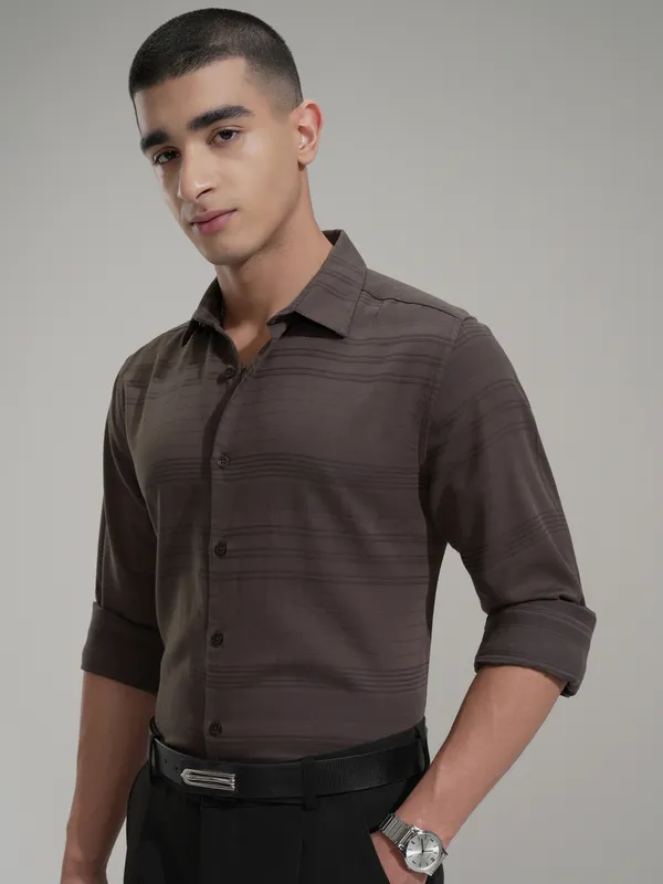 Highlander Men Brown Striped Slim Fit Casual Shirt