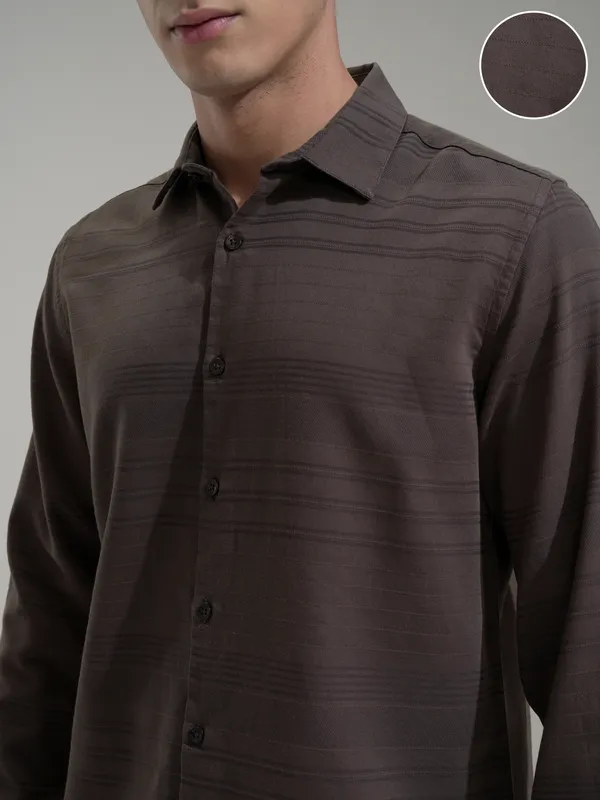 Highlander Men Brown Striped Slim Fit Casual Shirt