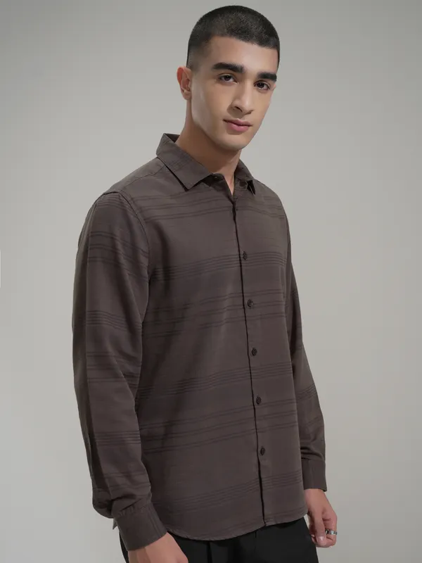 Highlander Men Brown Striped Slim Fit Casual Shirt