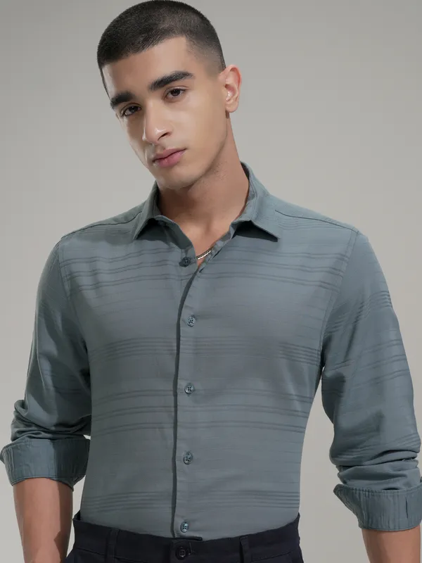 Highlander Men Teal Striped Slim Fit Casual Shirt