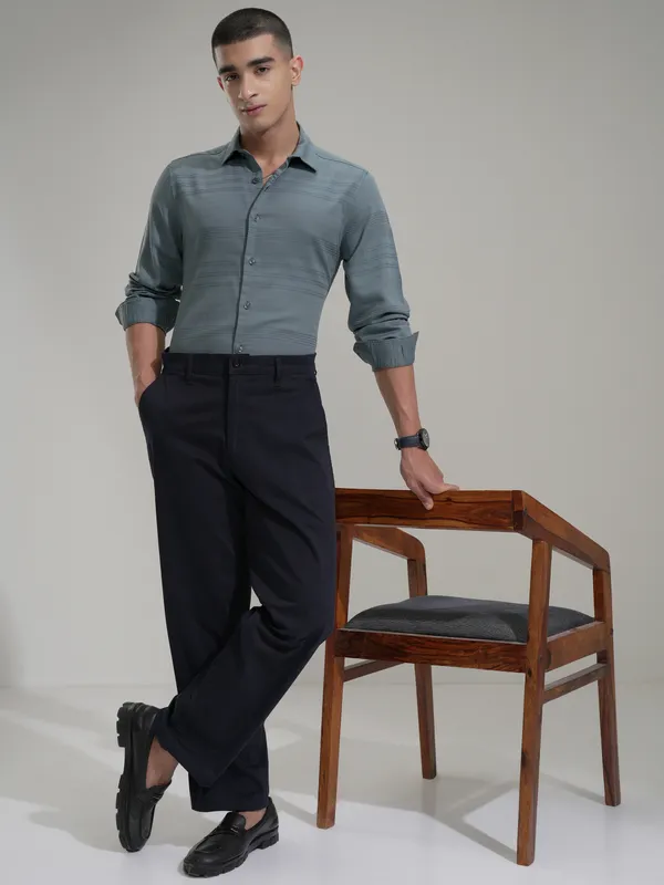 Highlander Men Teal Striped Slim Fit Casual Shirt