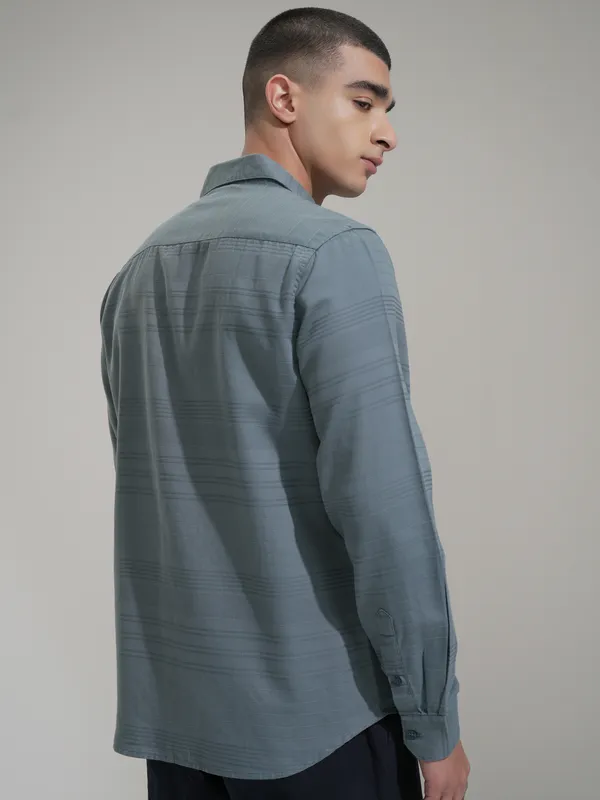 Highlander Men Teal Striped Slim Fit Casual Shirt