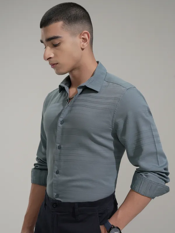 Highlander Men Teal Striped Slim Fit Casual Shirt