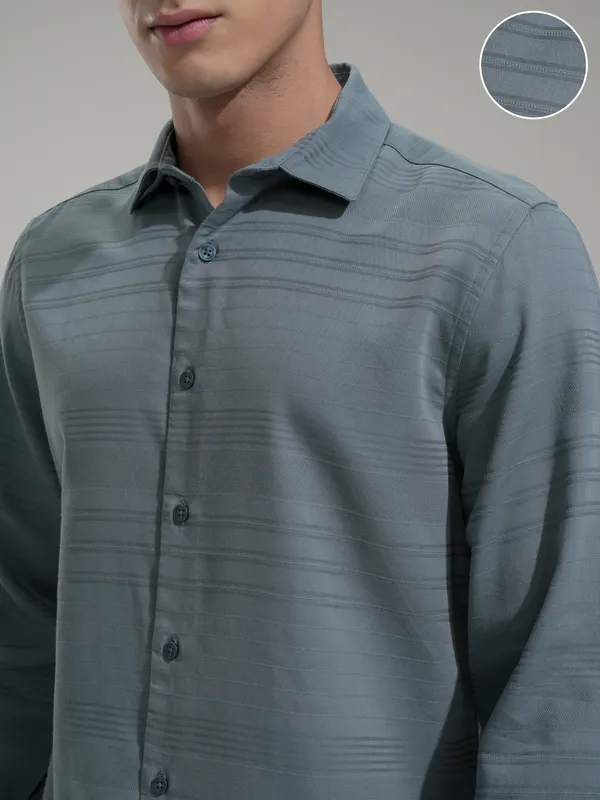 Highlander Men Teal Striped Slim Fit Casual Shirt