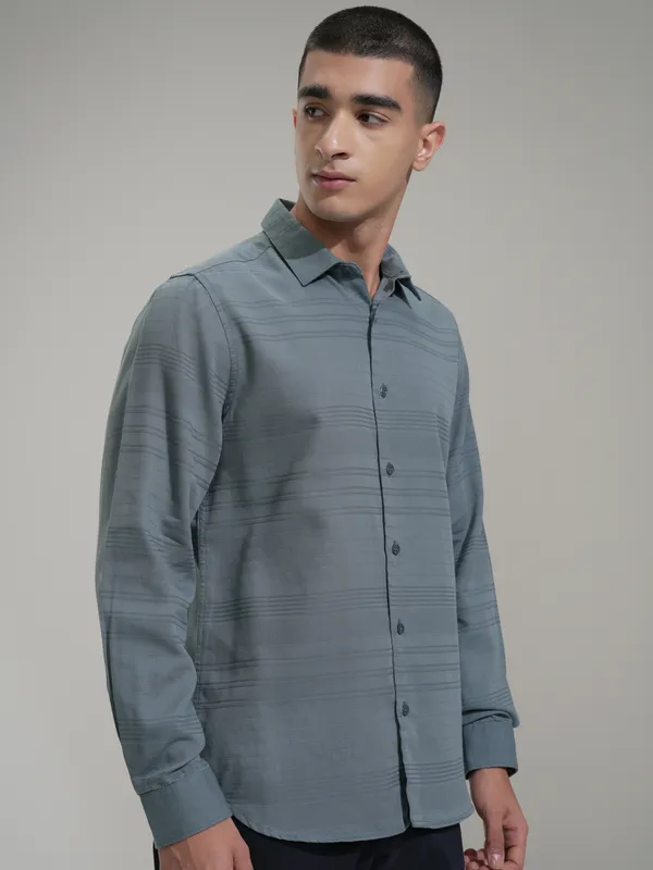 Highlander Men Teal Striped Slim Fit Casual Shirt