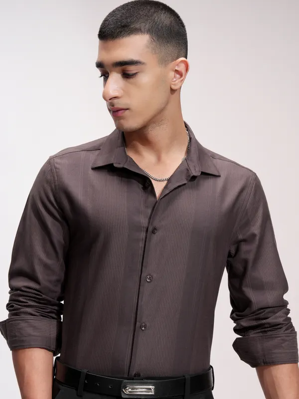 Highlander Men Brown Self Design Slim Fit Casual Shirt