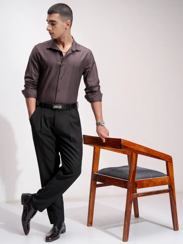 Highlander Men Brown Self Design Slim Fit Casual Shirt