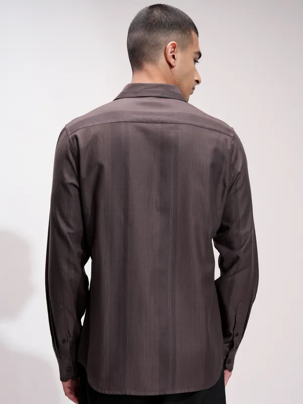 Highlander Men Brown Self Design Slim Fit Casual Shirt