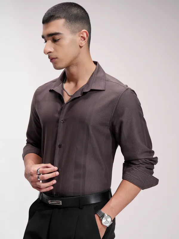Highlander Men Brown Self Design Slim Fit Casual Shirt
