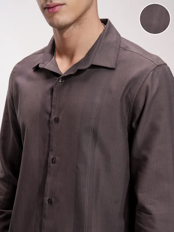 Highlander Men Brown Self Design Slim Fit Casual Shirt